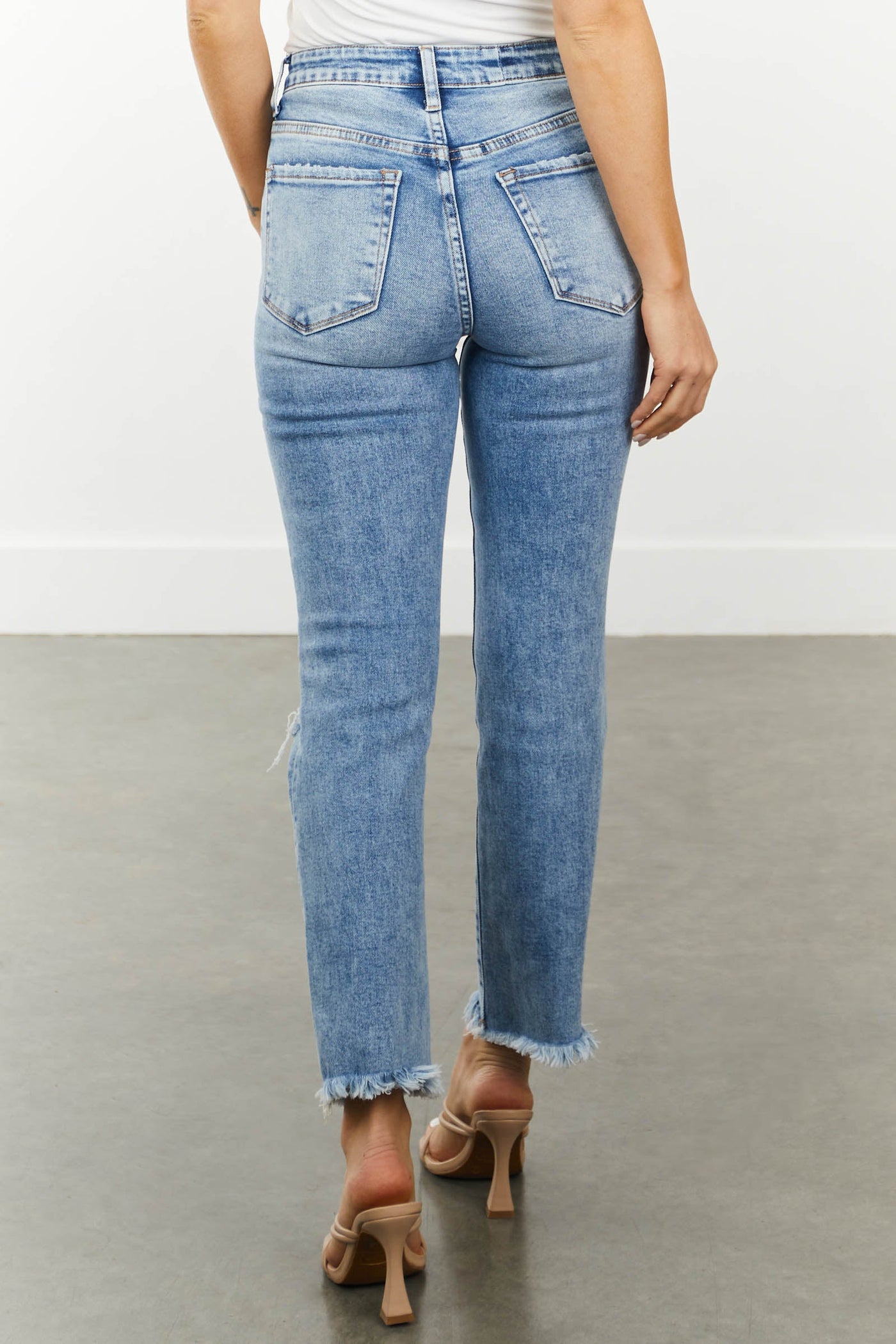 Medium High Rise Straight Cut Distressed Cropped Jeans