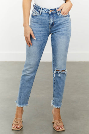Medium High Rise Straight Cut Distressed Cropped Jeans