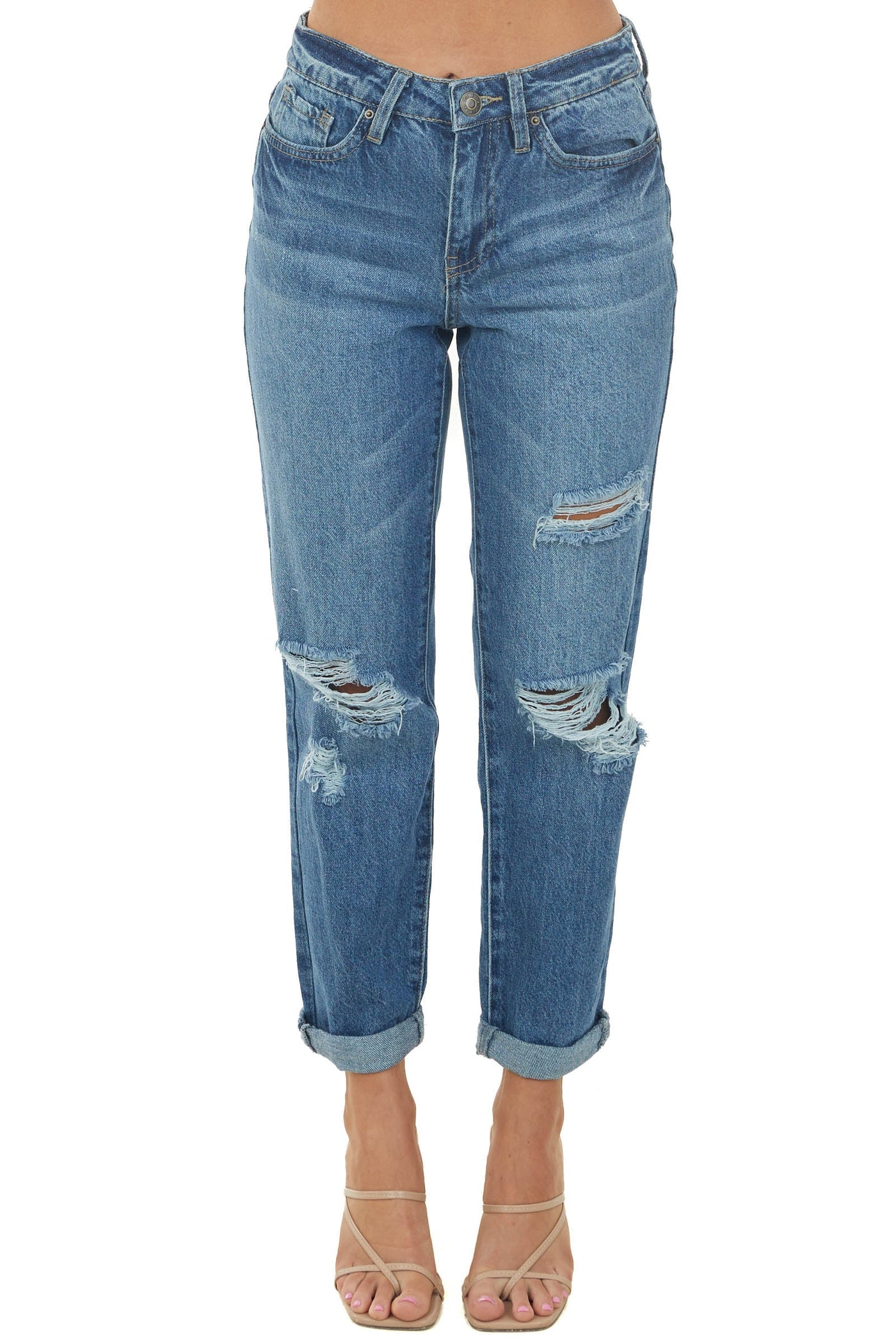 Medium High Waisted Distressed Boyfriend Jeans