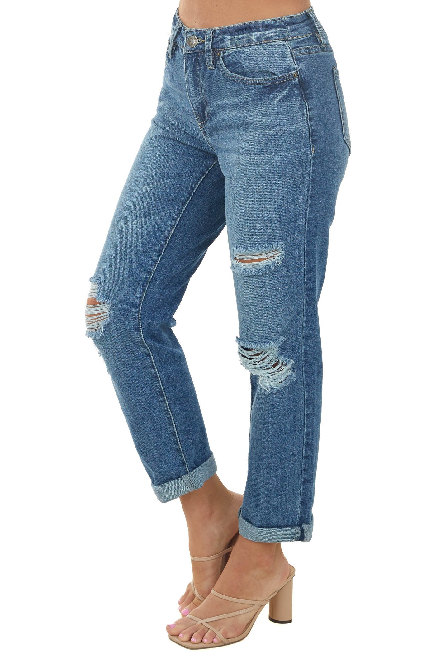 Medium High Waisted Distressed Boyfriend Jeans
