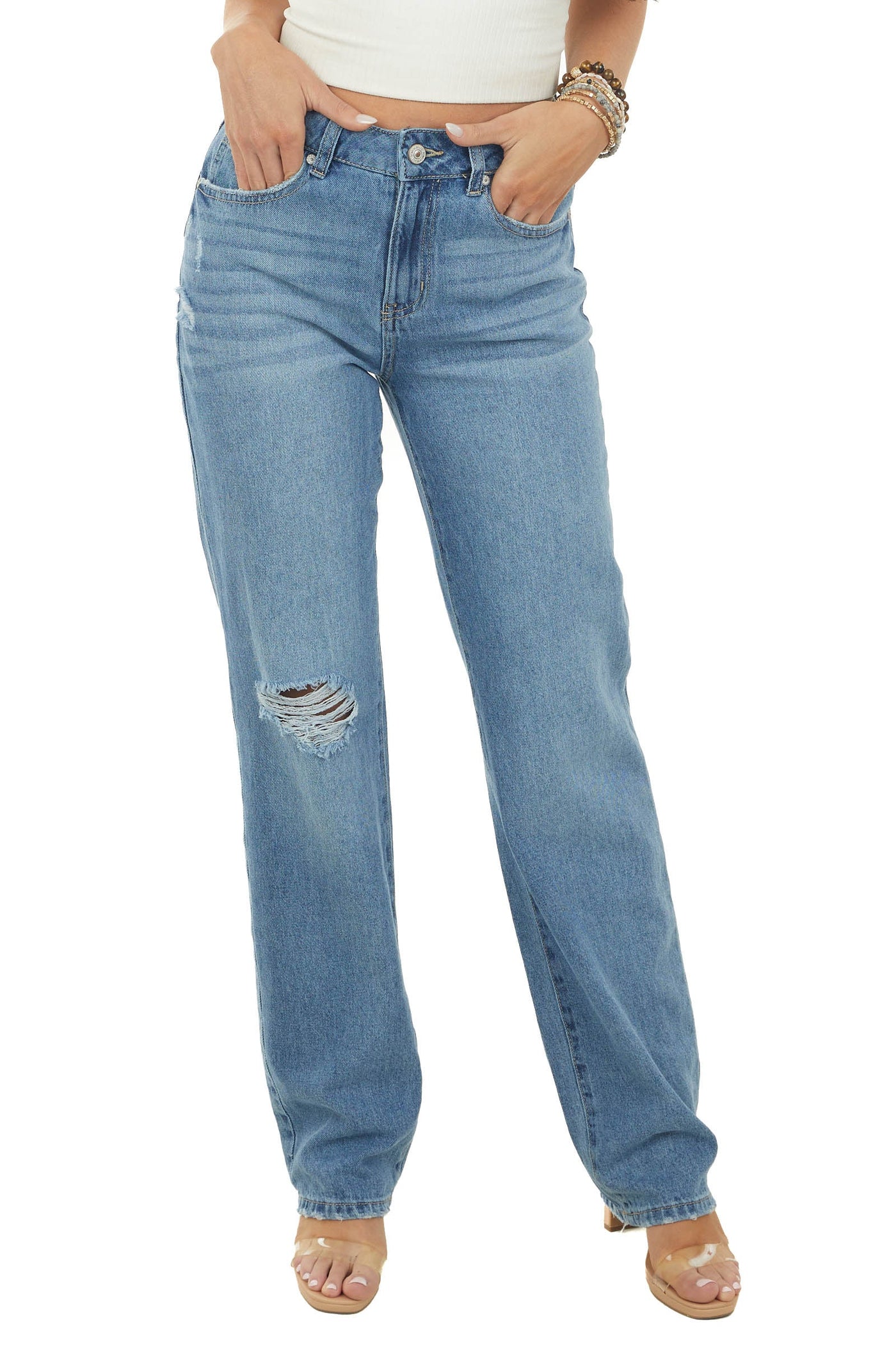 Medium Wash Baggy Boyfriend Light Distressed Jeans