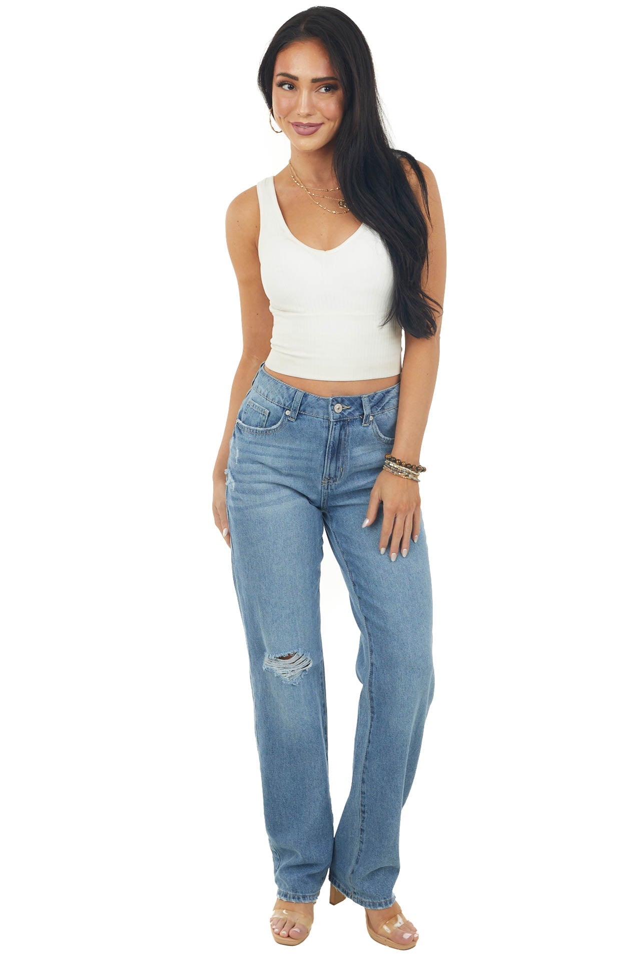 Medium Wash Baggy Boyfriend Light Distressed Jeans
