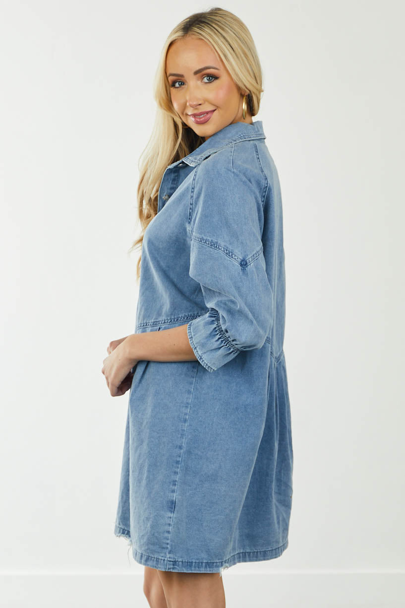 Medium Wash Button Up Long Sleeve Denim Dress