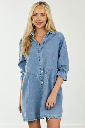 Medium Wash Button Up Long Sleeve Denim Dress