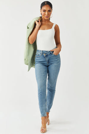 Medium Wash Crossover Waist Relaxed Jeans