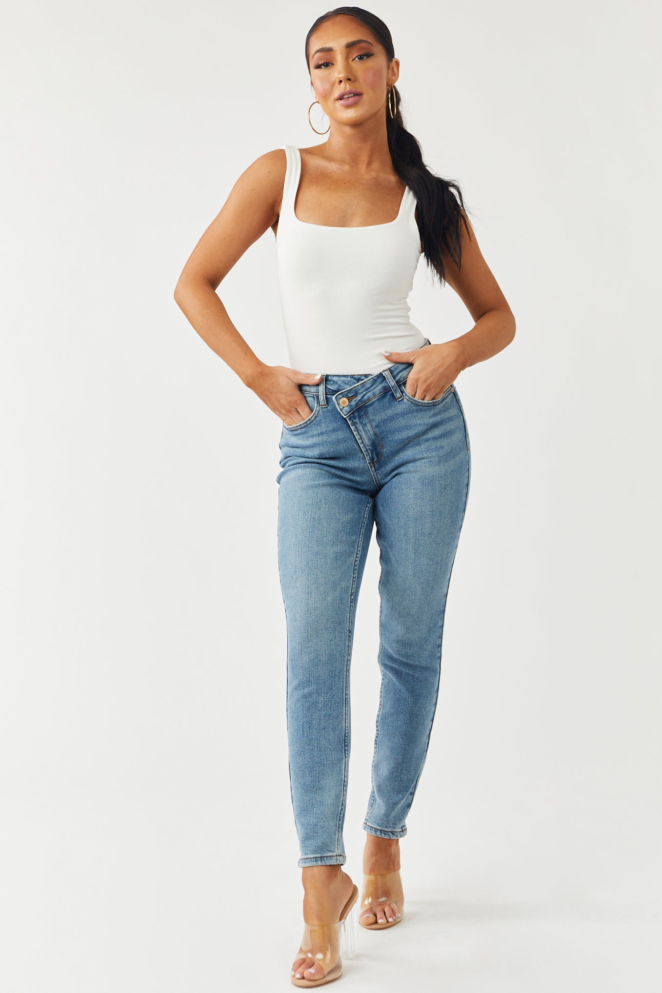 Medium Wash Crossover Waist Relaxed Jeans