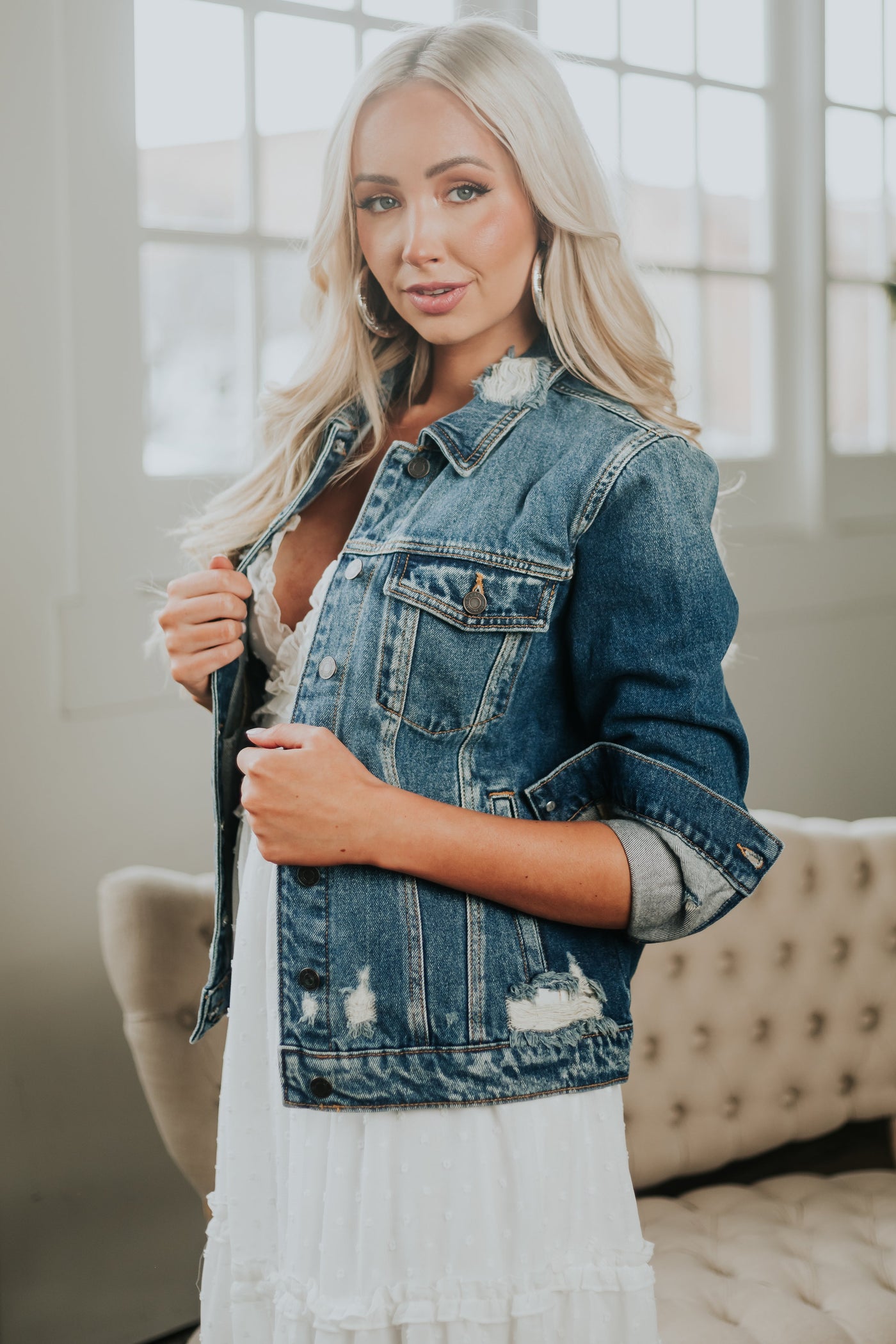 Medium Wash Distressed Denim Jacket