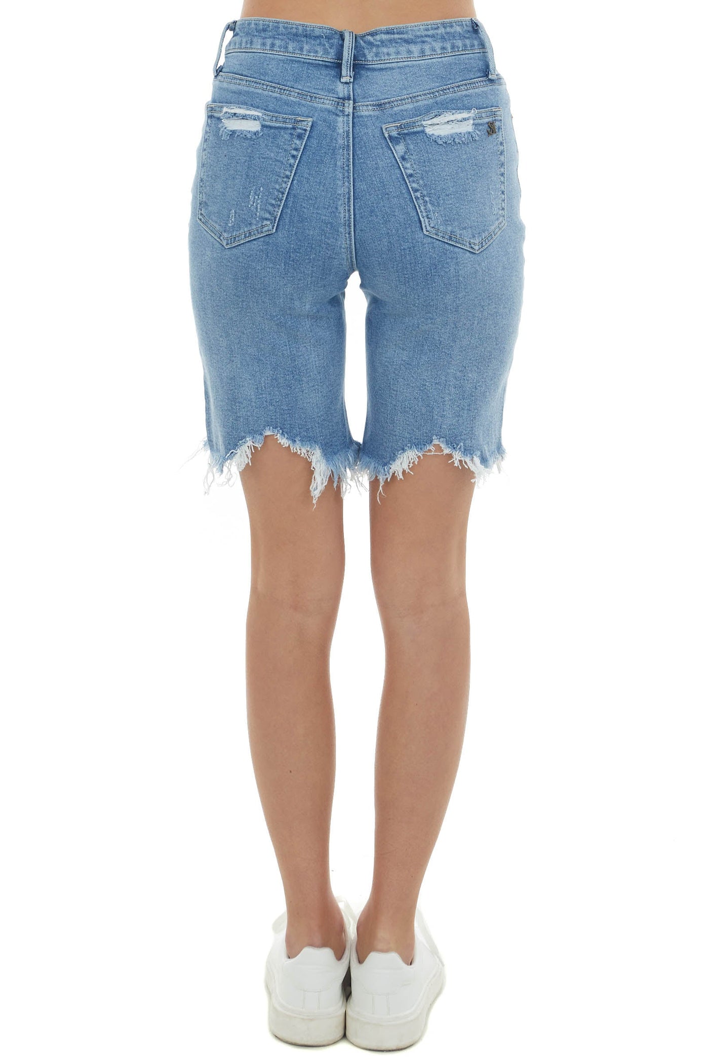 Medium Wash Distressed High Rise Bermuda Shorts