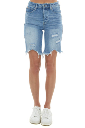 Medium Wash Distressed High Rise Bermuda Shorts