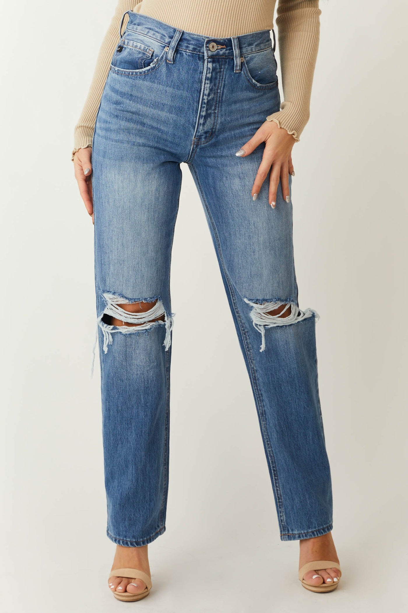 Medium Wash Distressed Knee Straight Leg Jeans