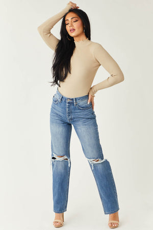 Medium Wash Distressed Knee Straight Leg Jeans