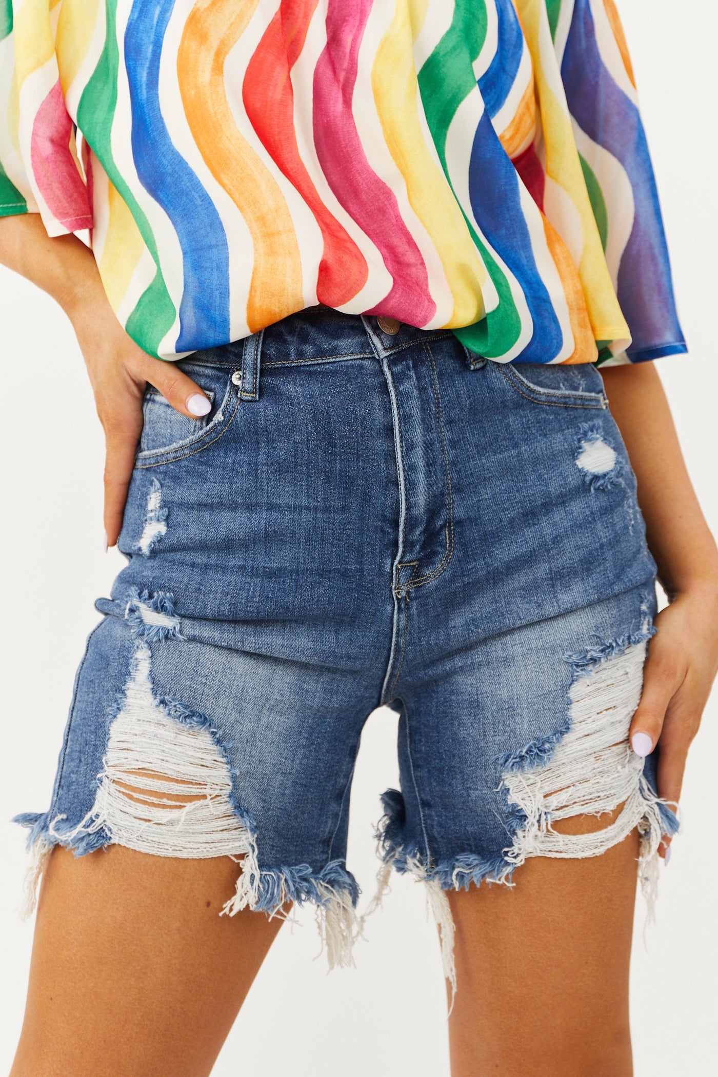 Medium Wash Distressed Mid Thigh Denim Shorts