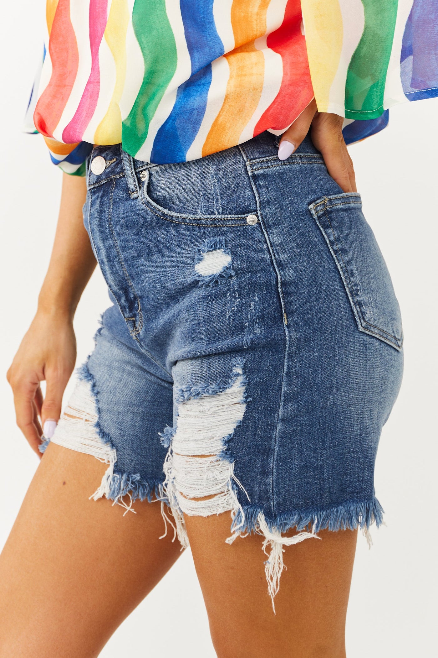 Medium Wash Distressed Mid Thigh Denim Shorts