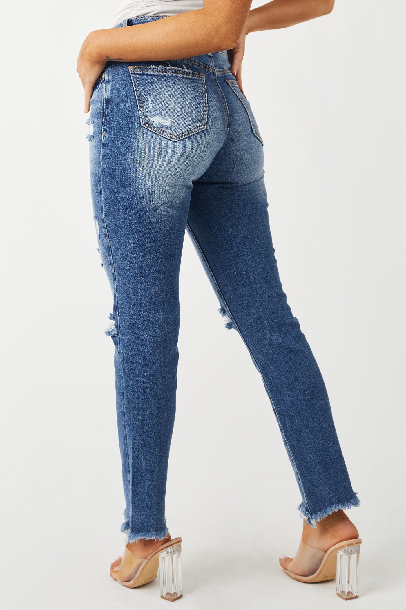 Medium Wash Distressed Relaxed Skinny Fit Jeans