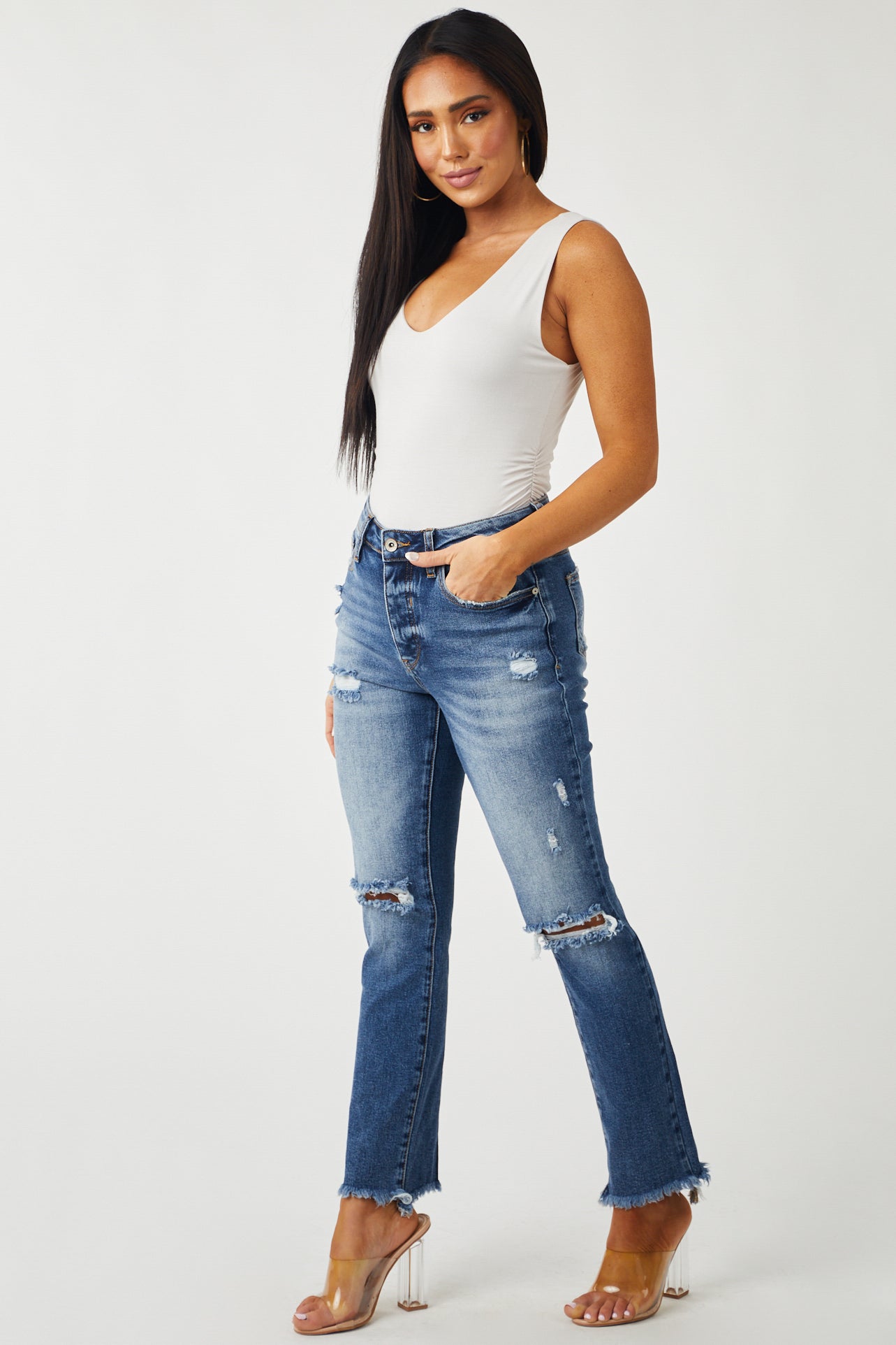 Medium Wash Distressed Relaxed Skinny Fit Jeans