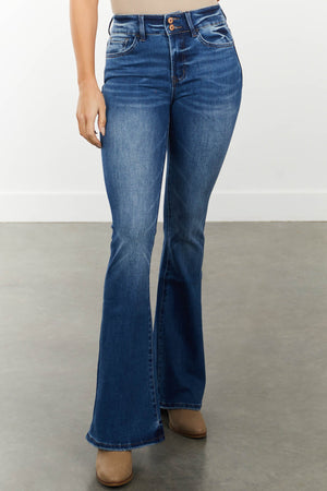 Medium Wash Double Button Closure Flare Jeans