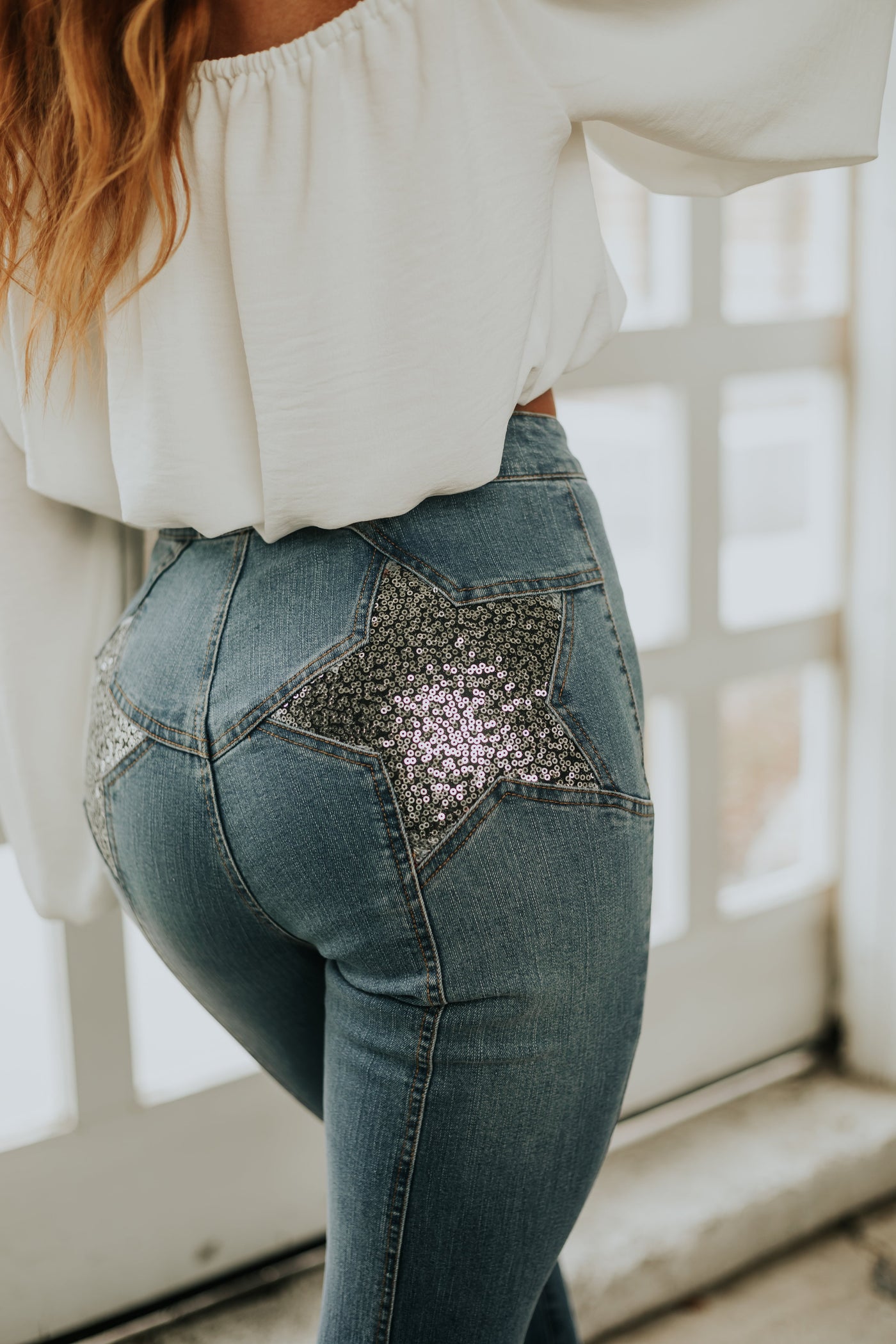 Medium Wash Flare Jeans with Sequin Star Detail