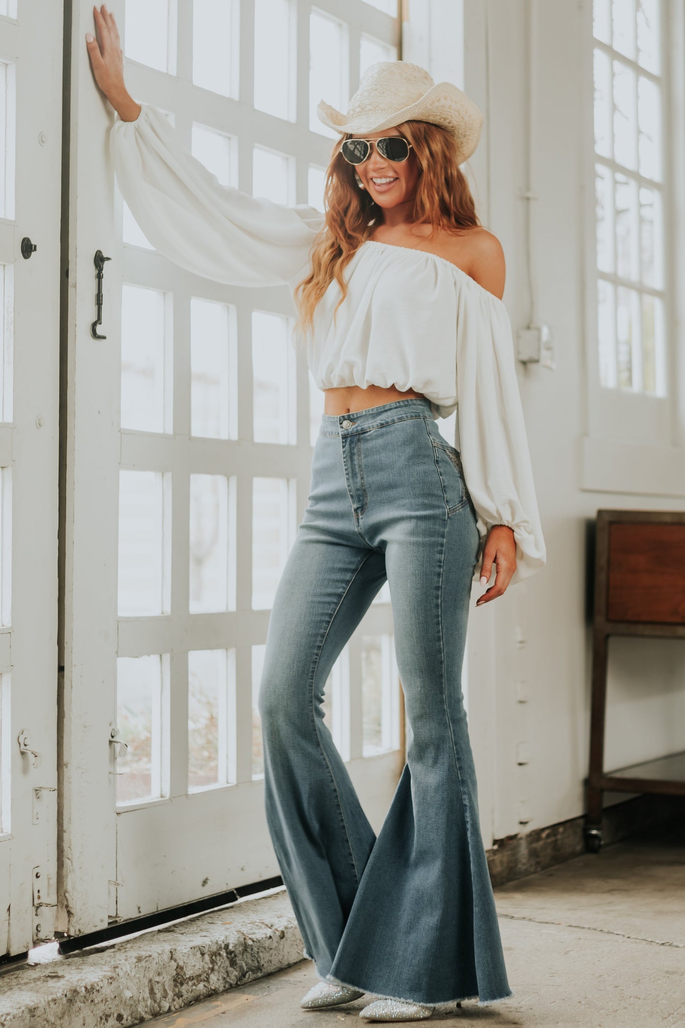 Medium Wash Flare Jeans with Sequin Star Detail