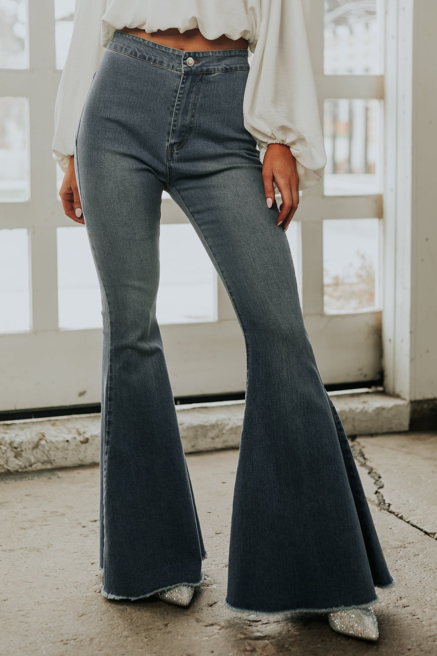 Medium Wash Flare Jeans with Sequin Star Detail