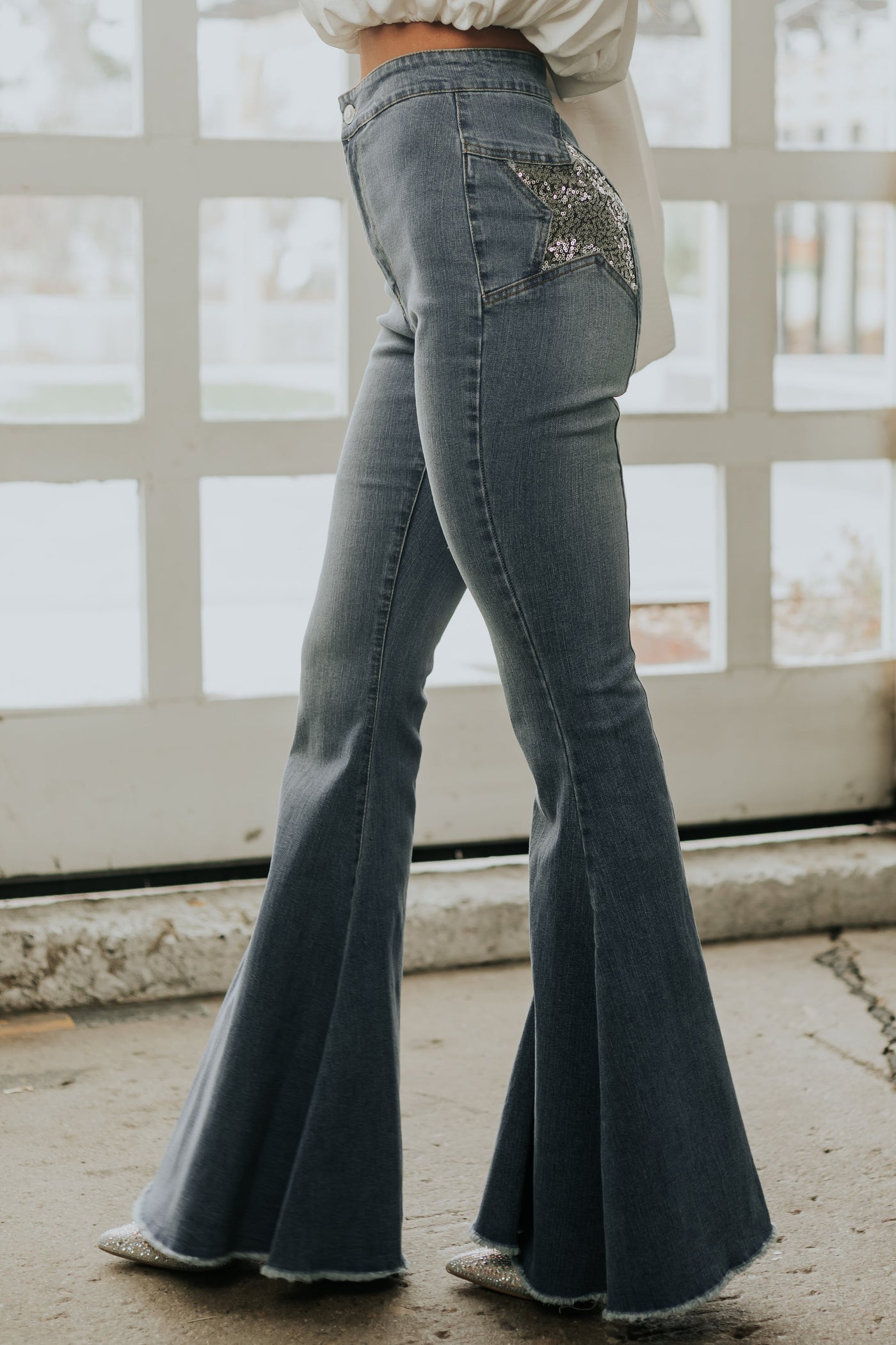 Medium Wash Flare Jeans with Sequin Star Detail