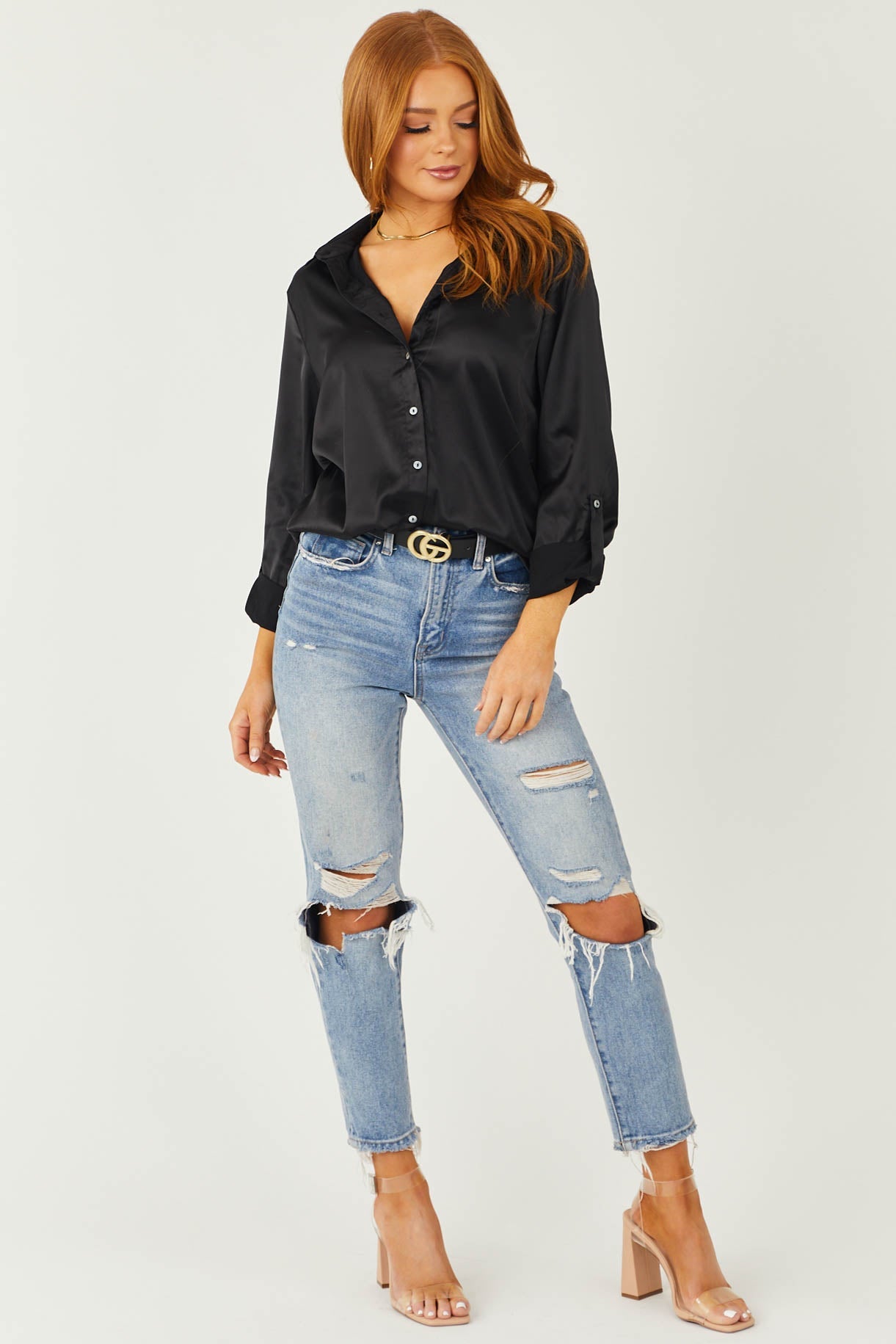 Medium Wash Frayed Hem Distressed Mom Jeans