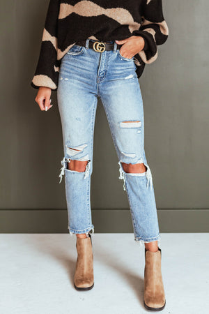 Medium Wash Frayed Hem Distressed Mom Jeans