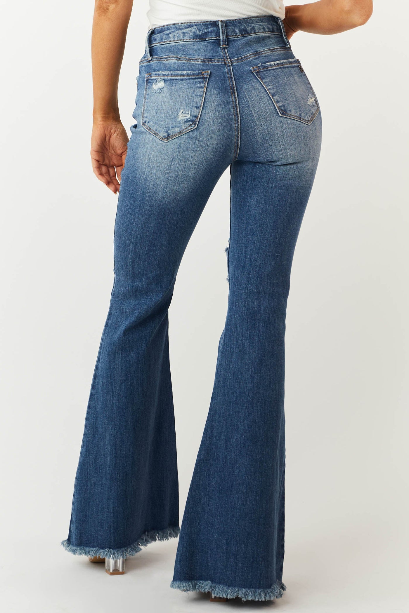 Medium Wash Frayed Hem High Rise Flare Jeans