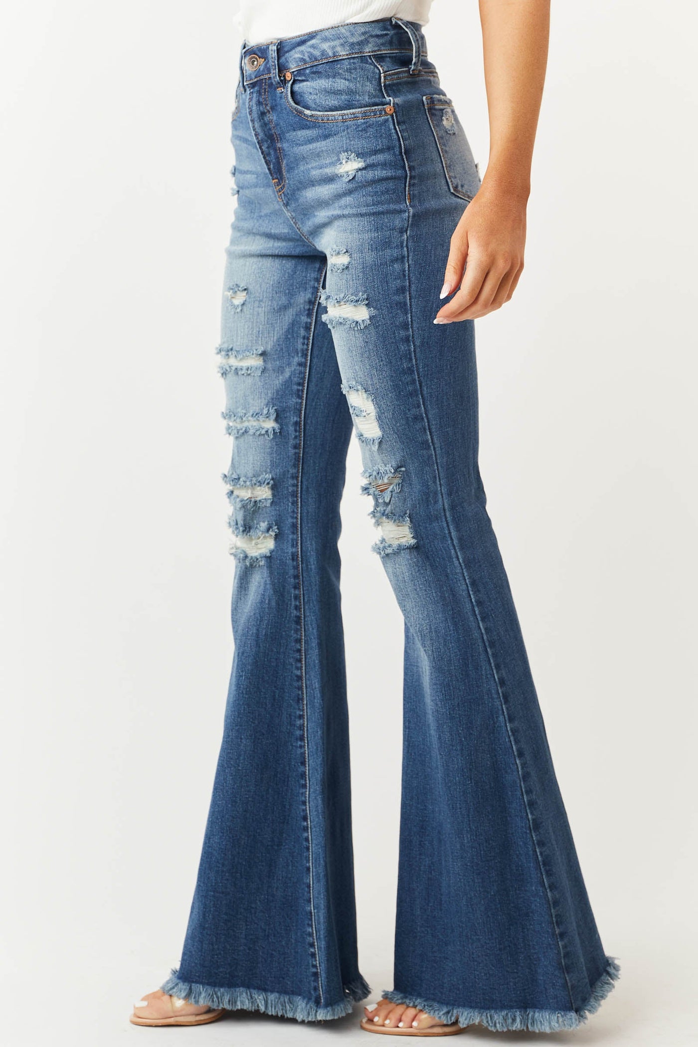 Medium Wash Frayed Hem High Rise Flare Jeans