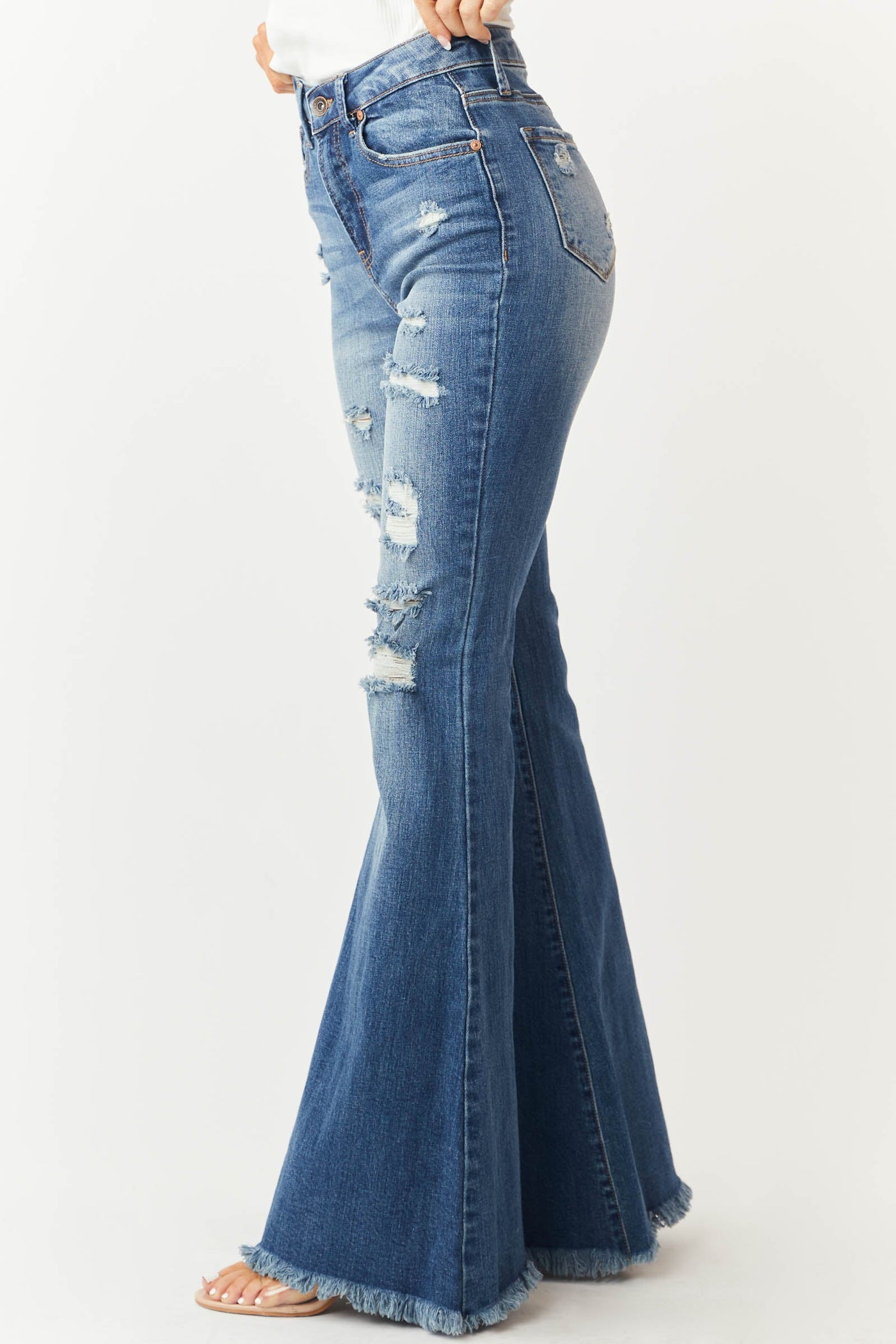 Medium Wash Frayed Hem High Rise Flare Jeans