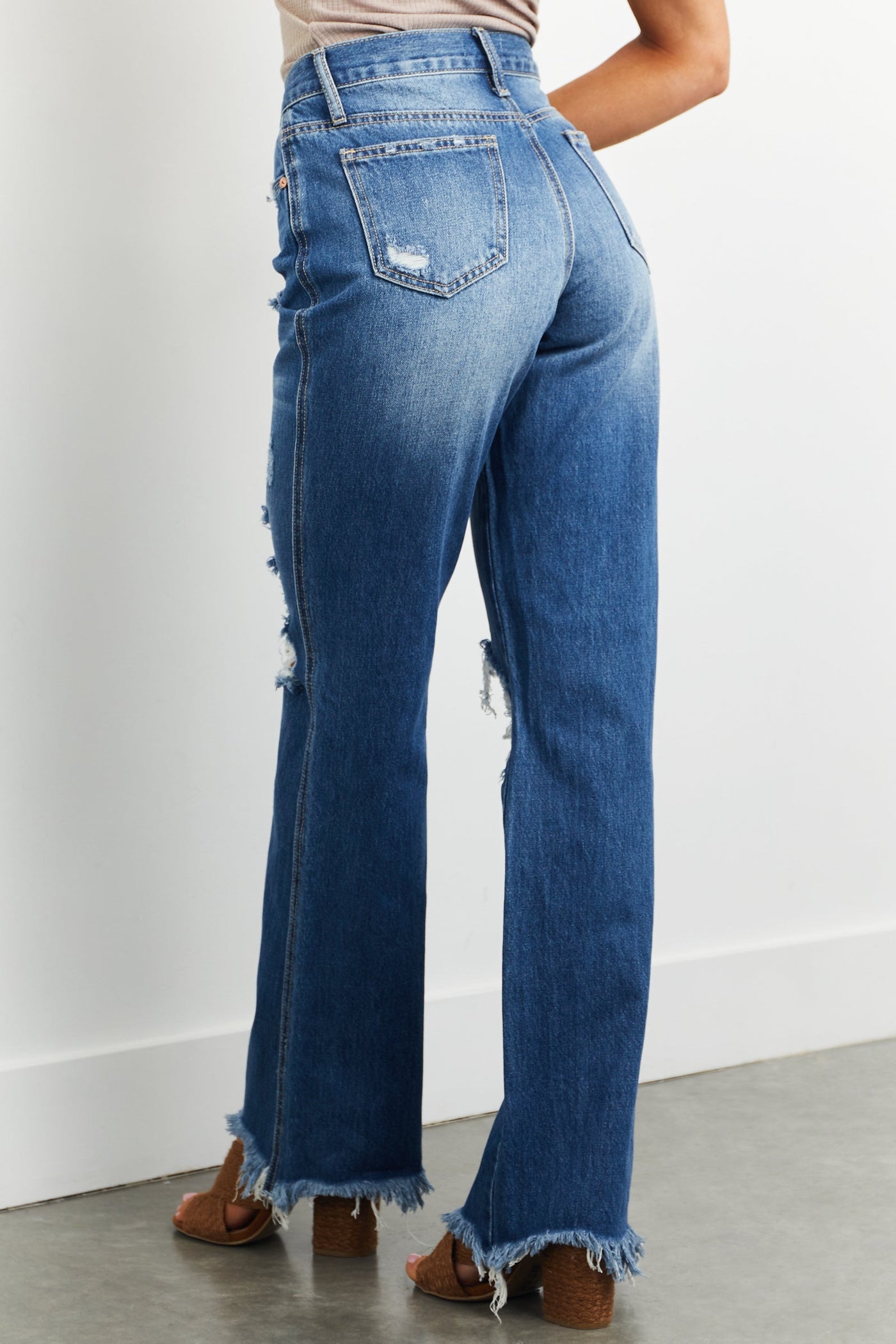 Medium Wash Heavily Distressed Straight Leg Jeans