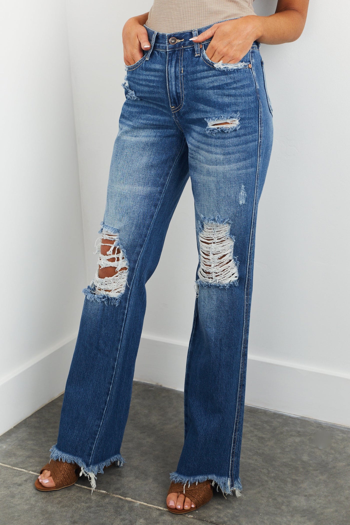 Medium Wash Heavily Distressed Straight Leg Jeans