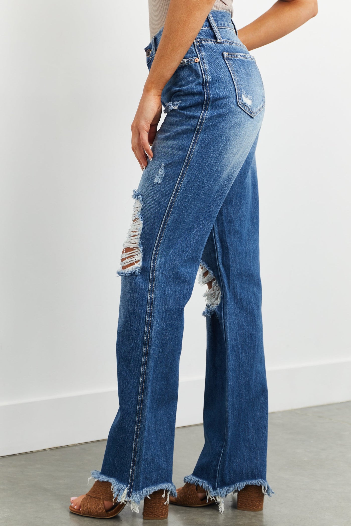 Medium Wash Heavily Distressed Straight Leg Jeans