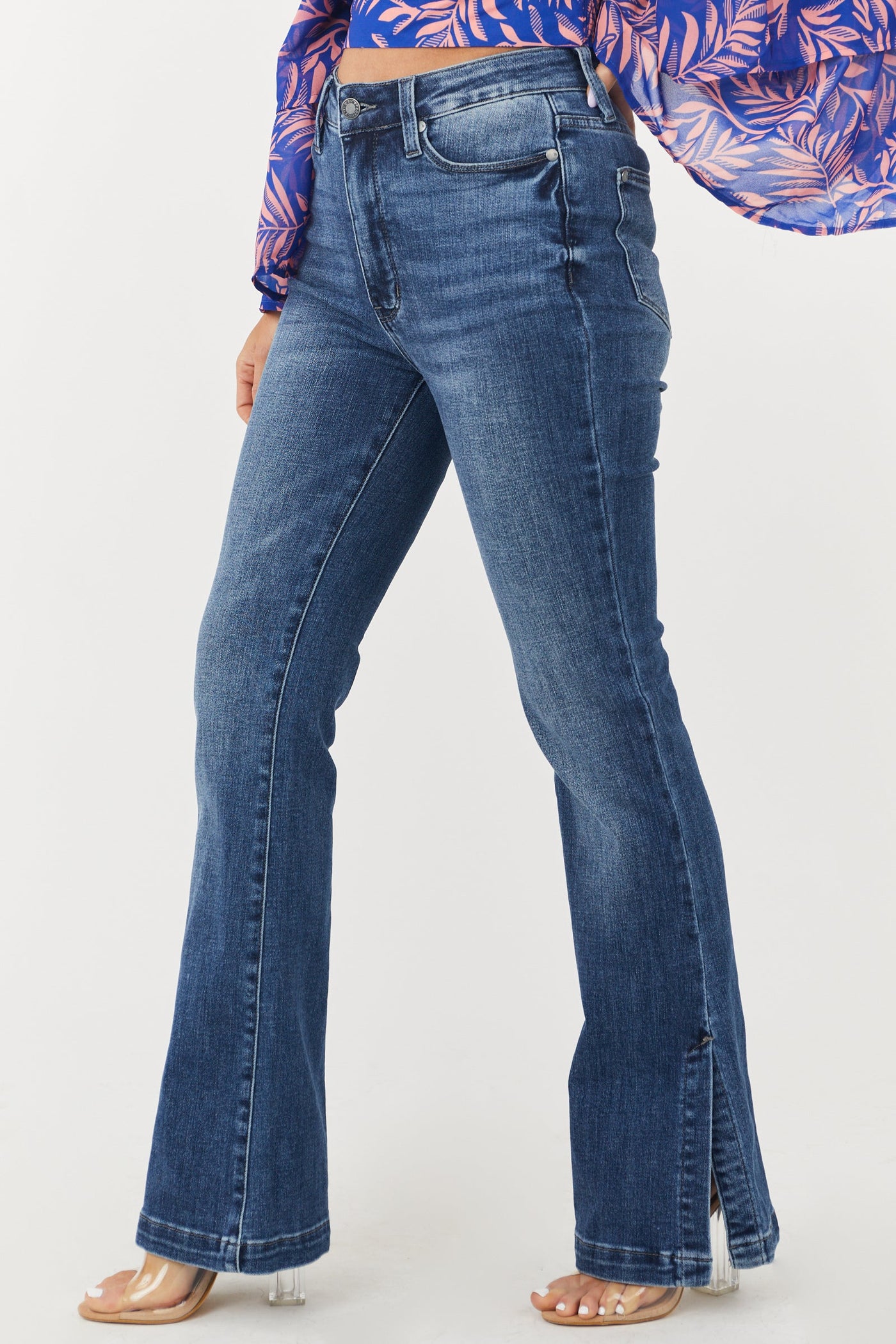 Medium Wash High Rise Bootcut Jeans with Side Slits