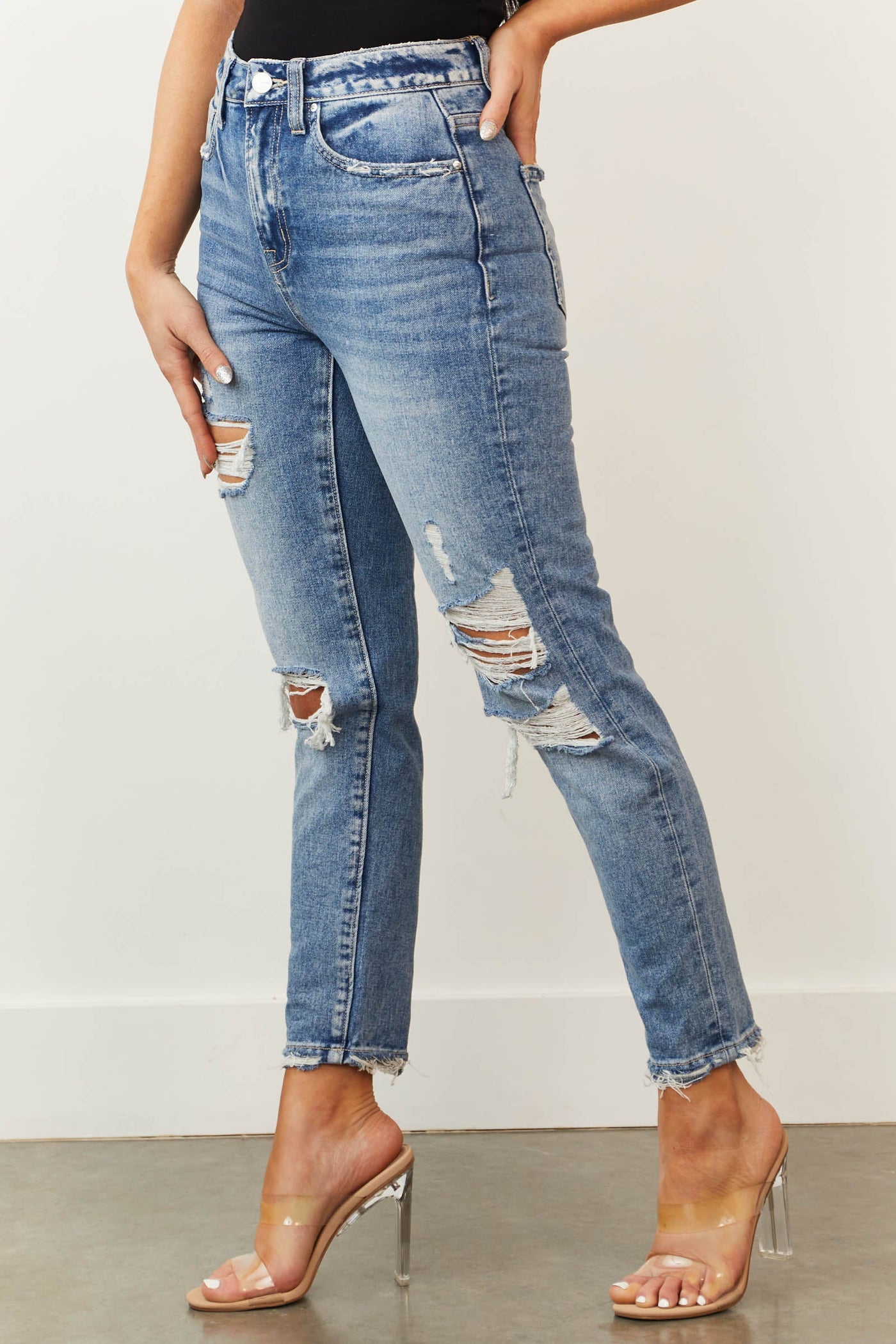 Medium Wash High Rise Cropped Mom Jeans
