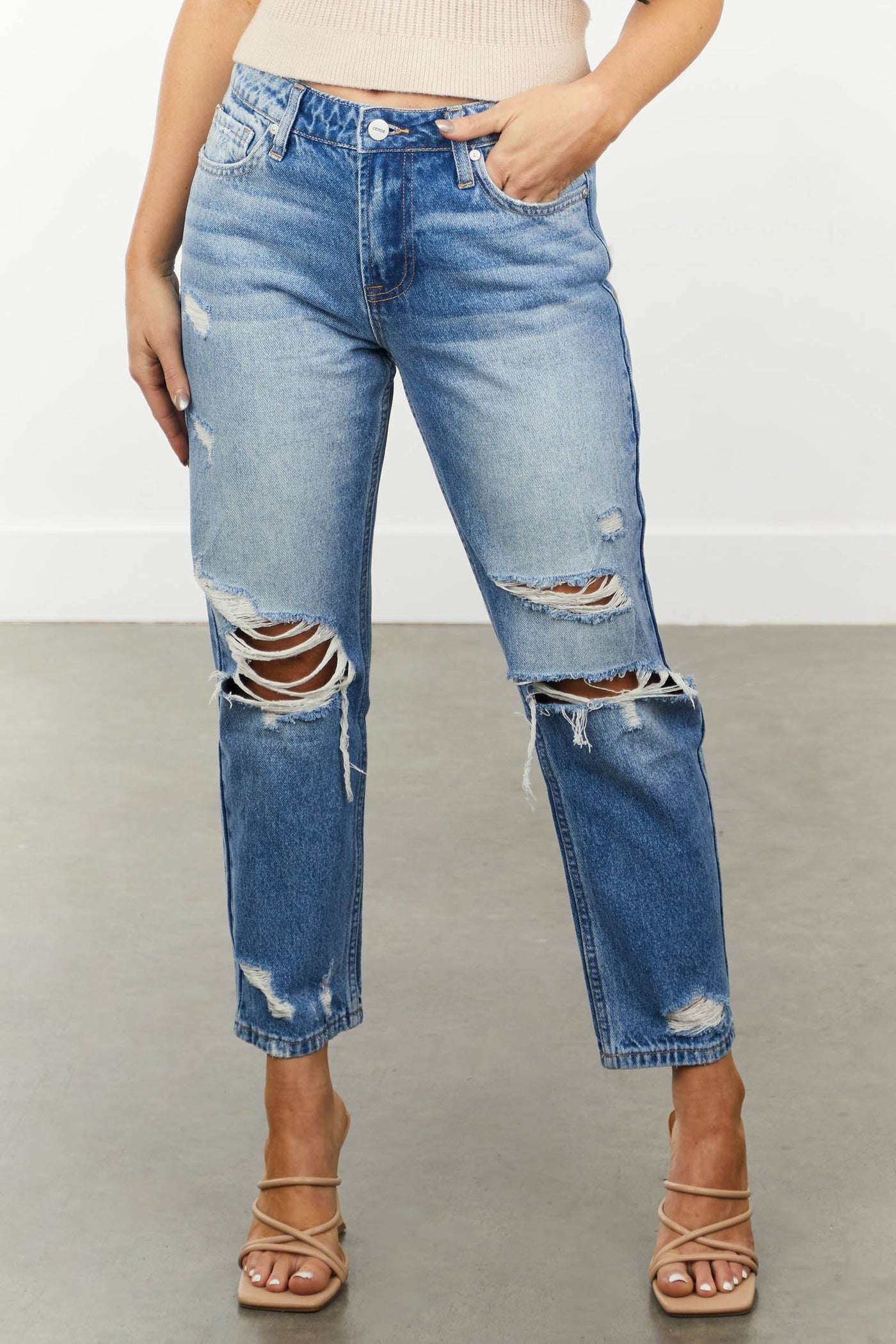 Medium Wash High Rise Distressed Ankle Mom Jeans