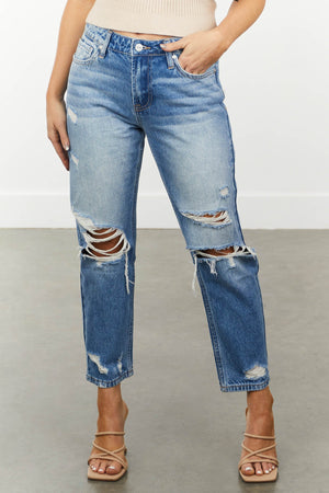 Medium Wash High Rise Distressed Ankle Mom Jeans