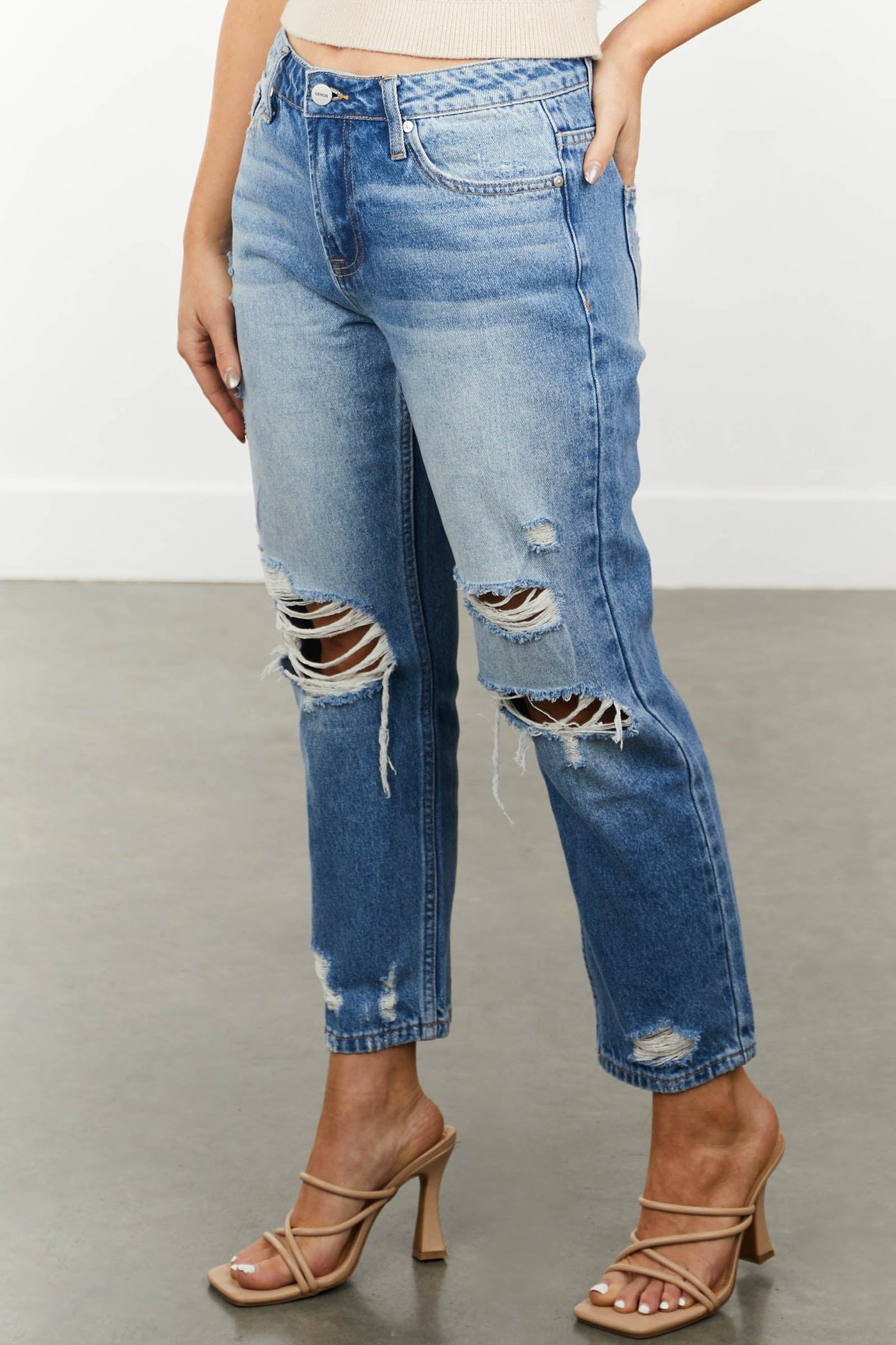 Medium Wash High Rise Distressed Ankle Mom Jeans
