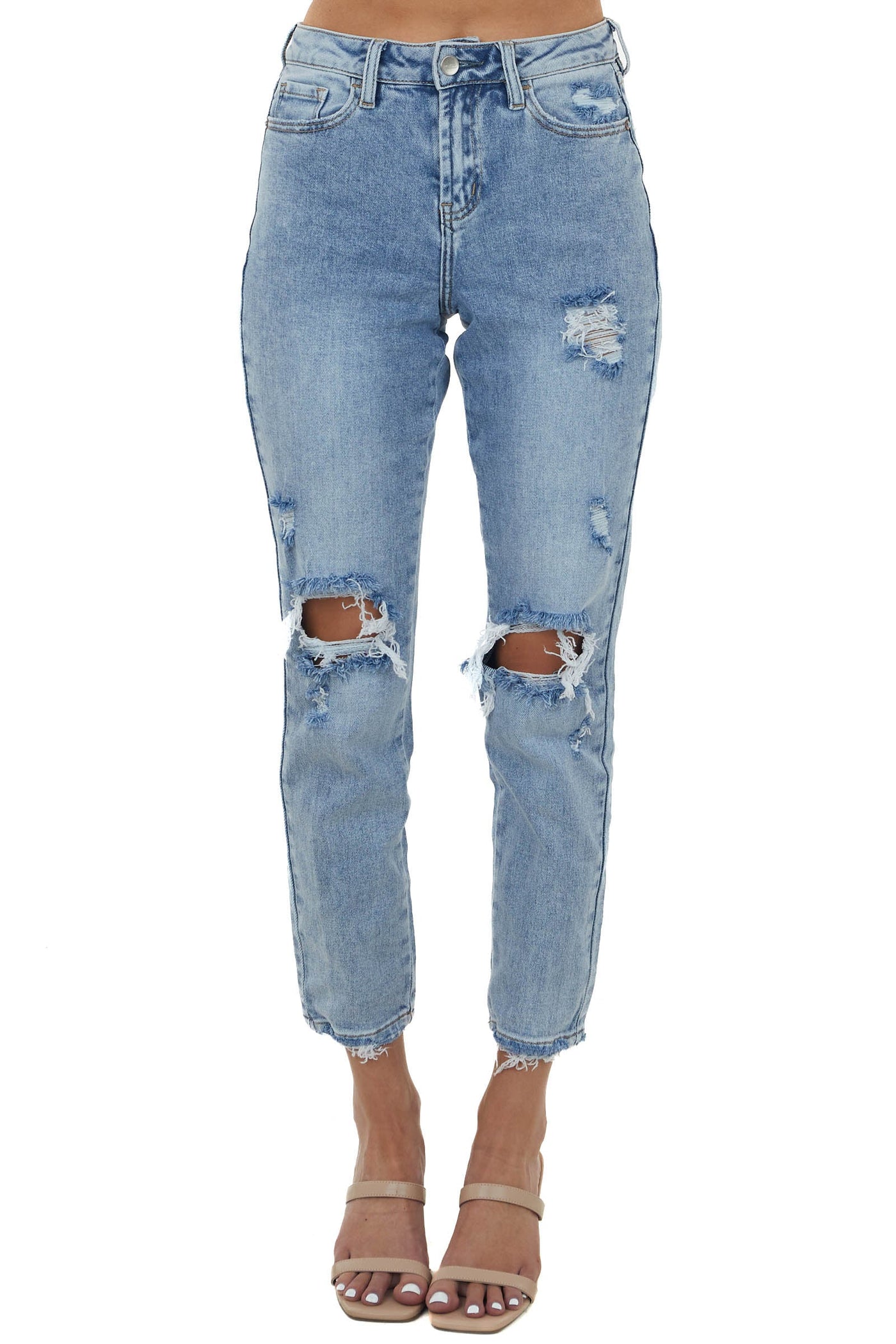 Medium Wash High Rise Distressed Boyfriend Jeans