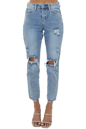 Medium Wash High Rise Distressed Boyfriend Jeans