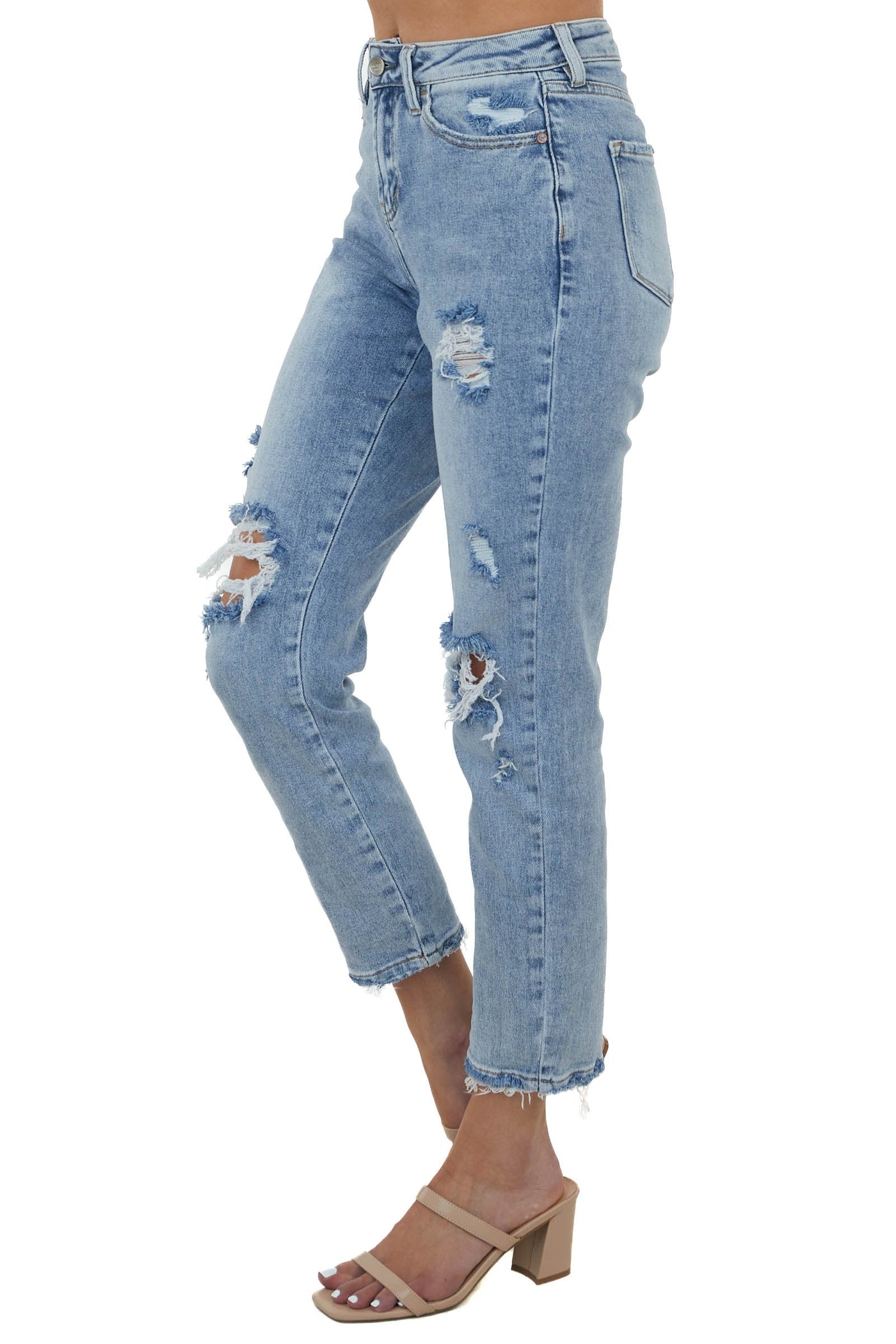 Medium Wash High Rise Distressed Boyfriend Jeans