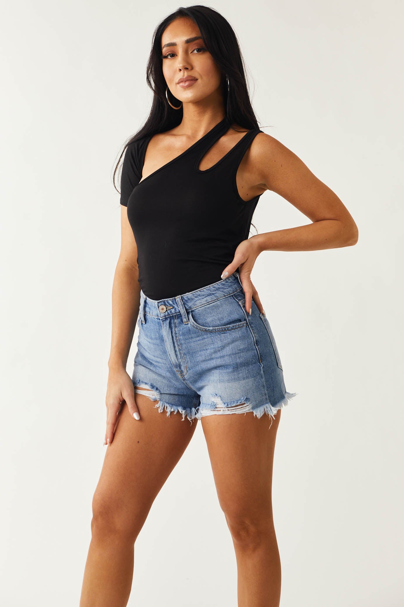 Medium Wash High Rise Distressed Hem Shorts