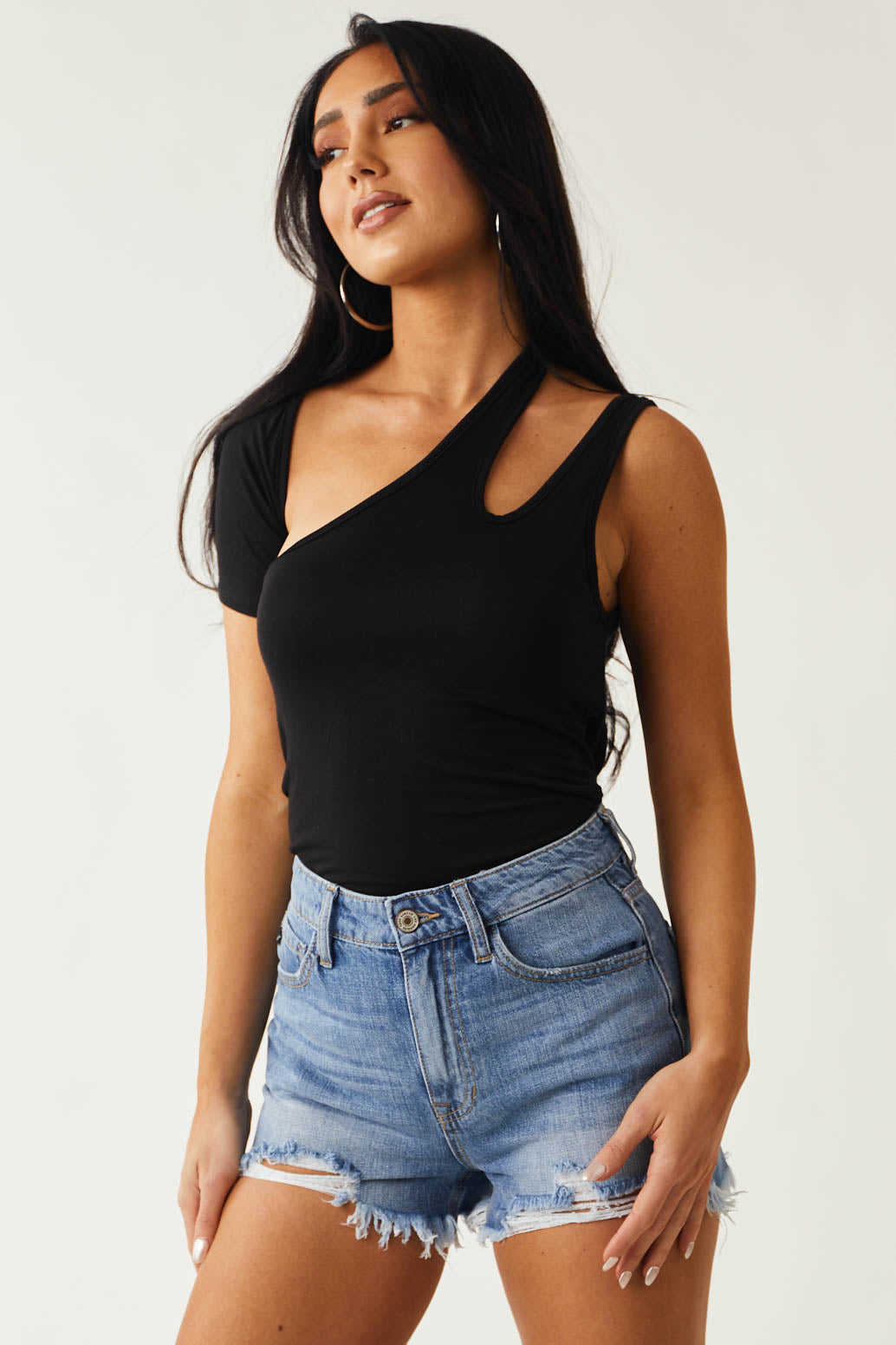 Medium Wash High Rise Distressed Hem Shorts