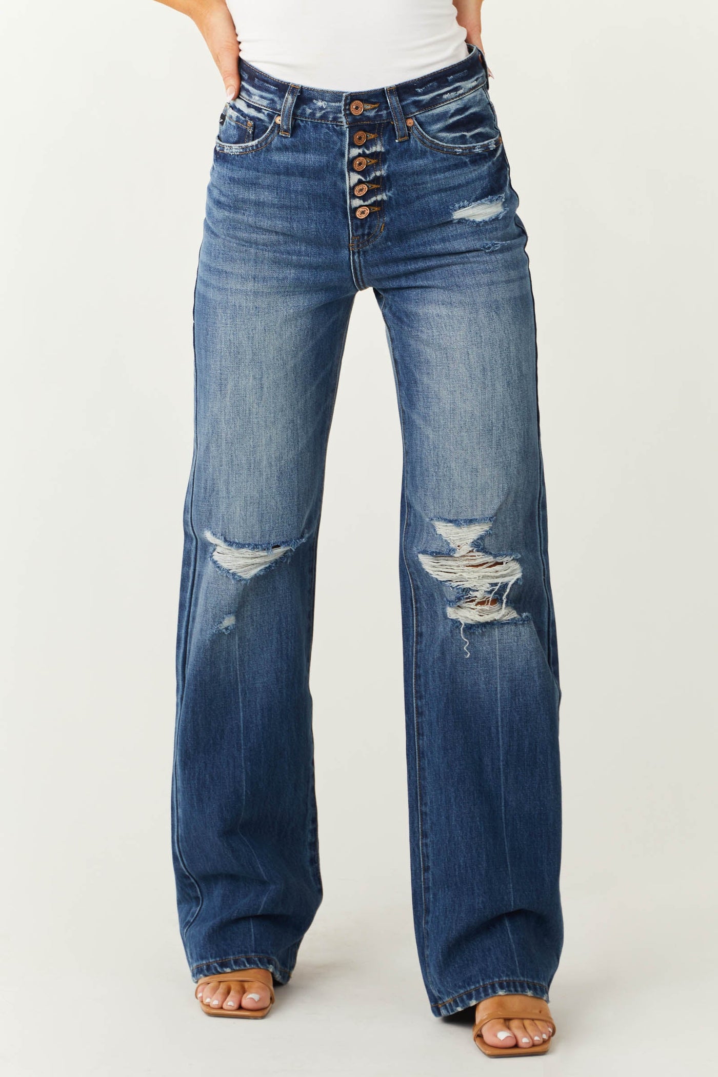 Medium Wash High Rise Distressed Knee Jeans