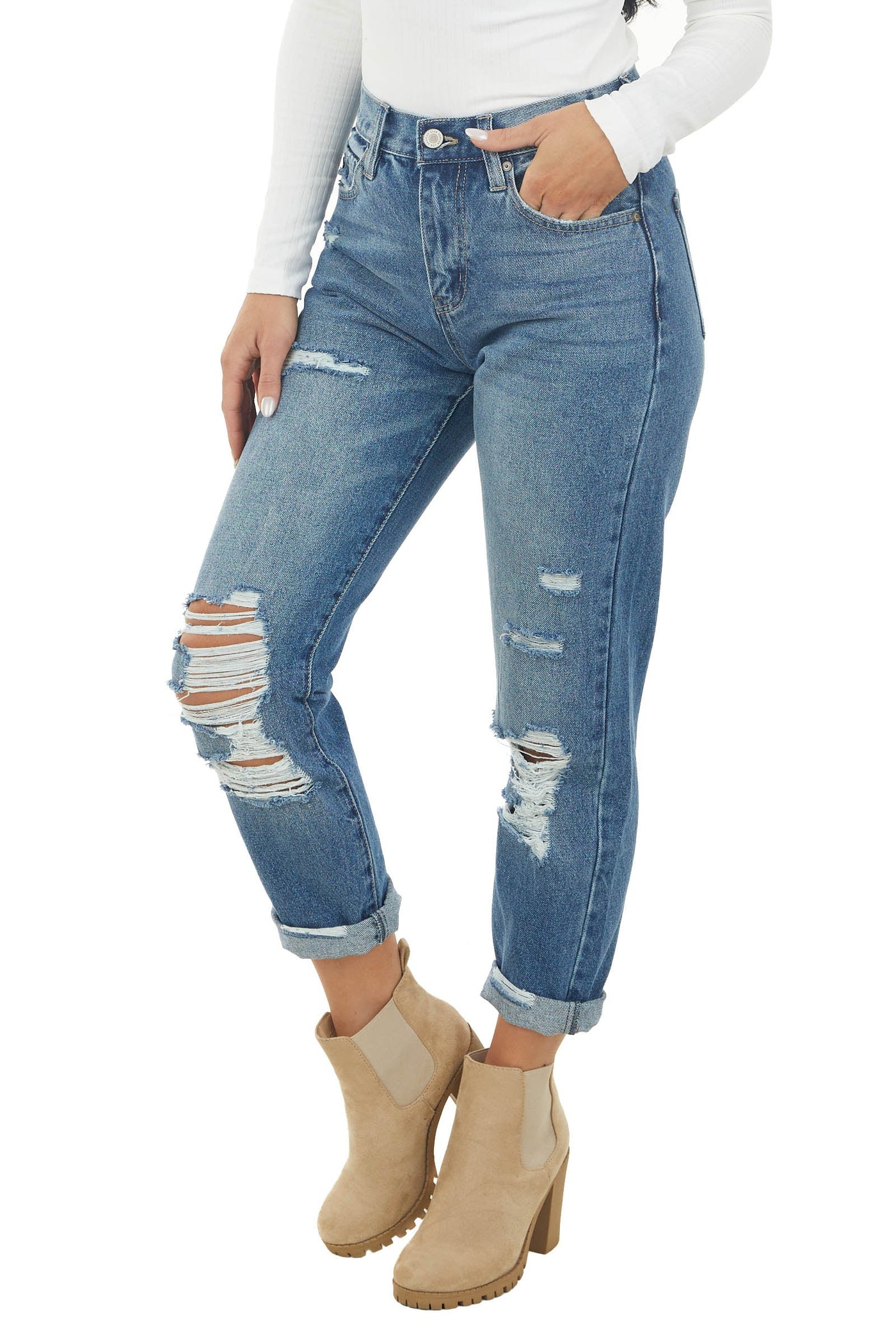 Medium Wash High Rise Distressed Mom Jeans