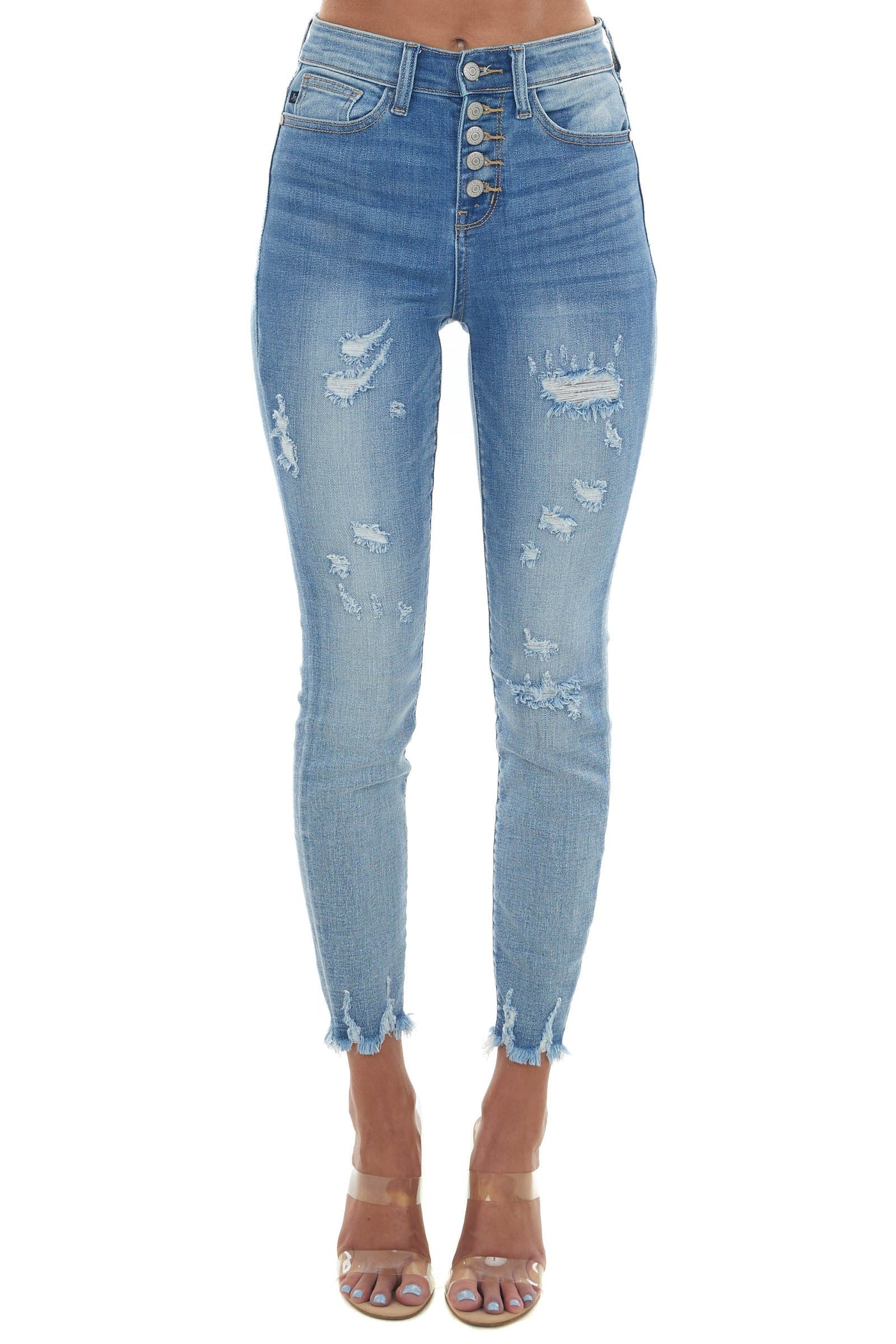 Medium Wash High Rise Distressed Skinny Jeans