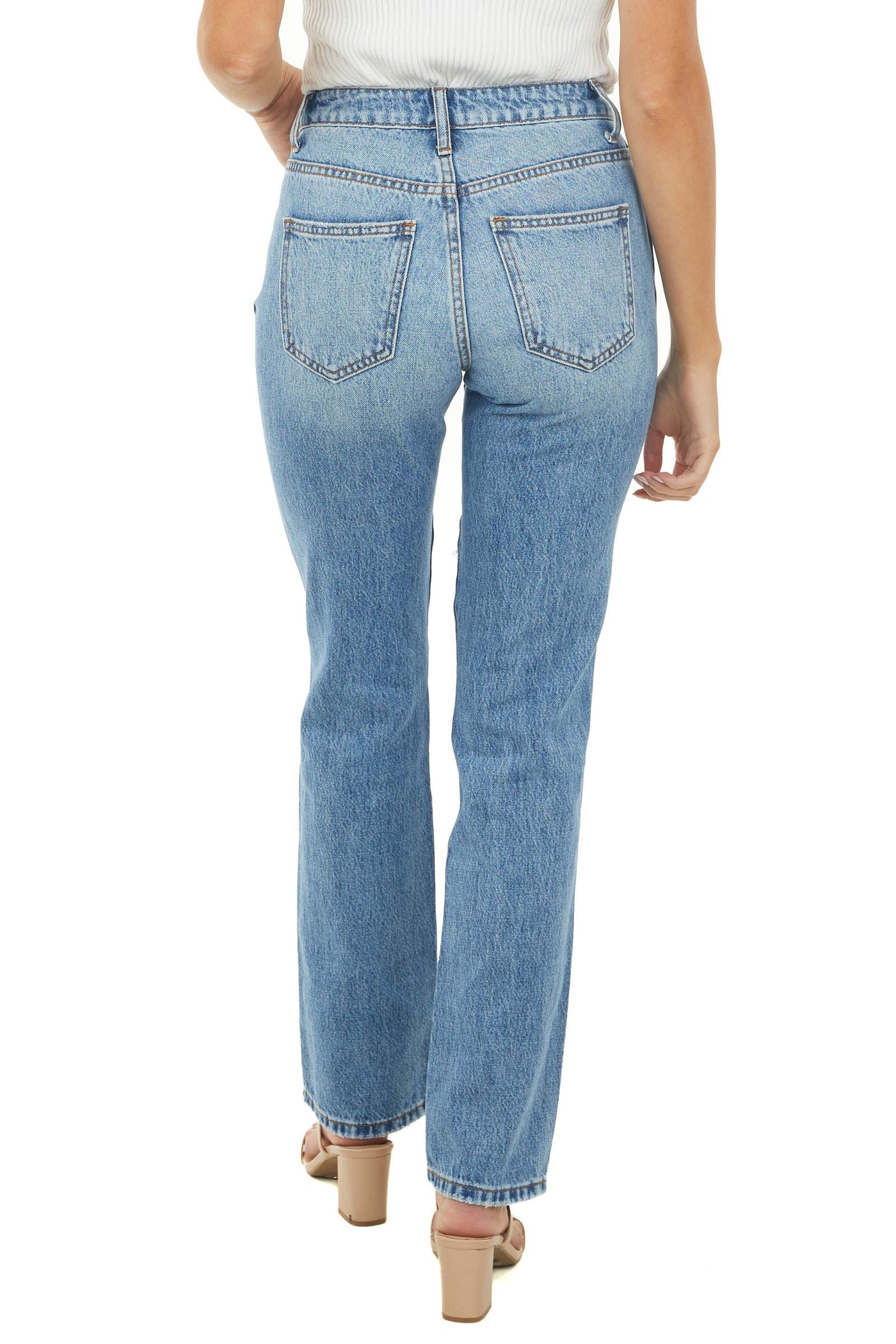 Medium Wash High Rise Distressed Straight Jeans