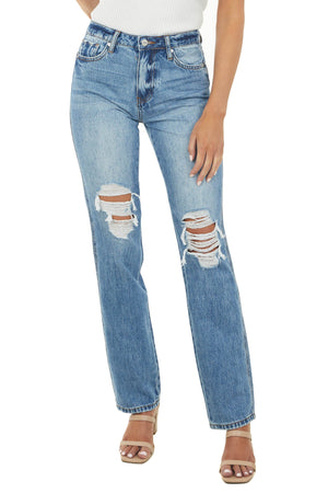 Medium Wash High Rise Distressed Straight Jeans