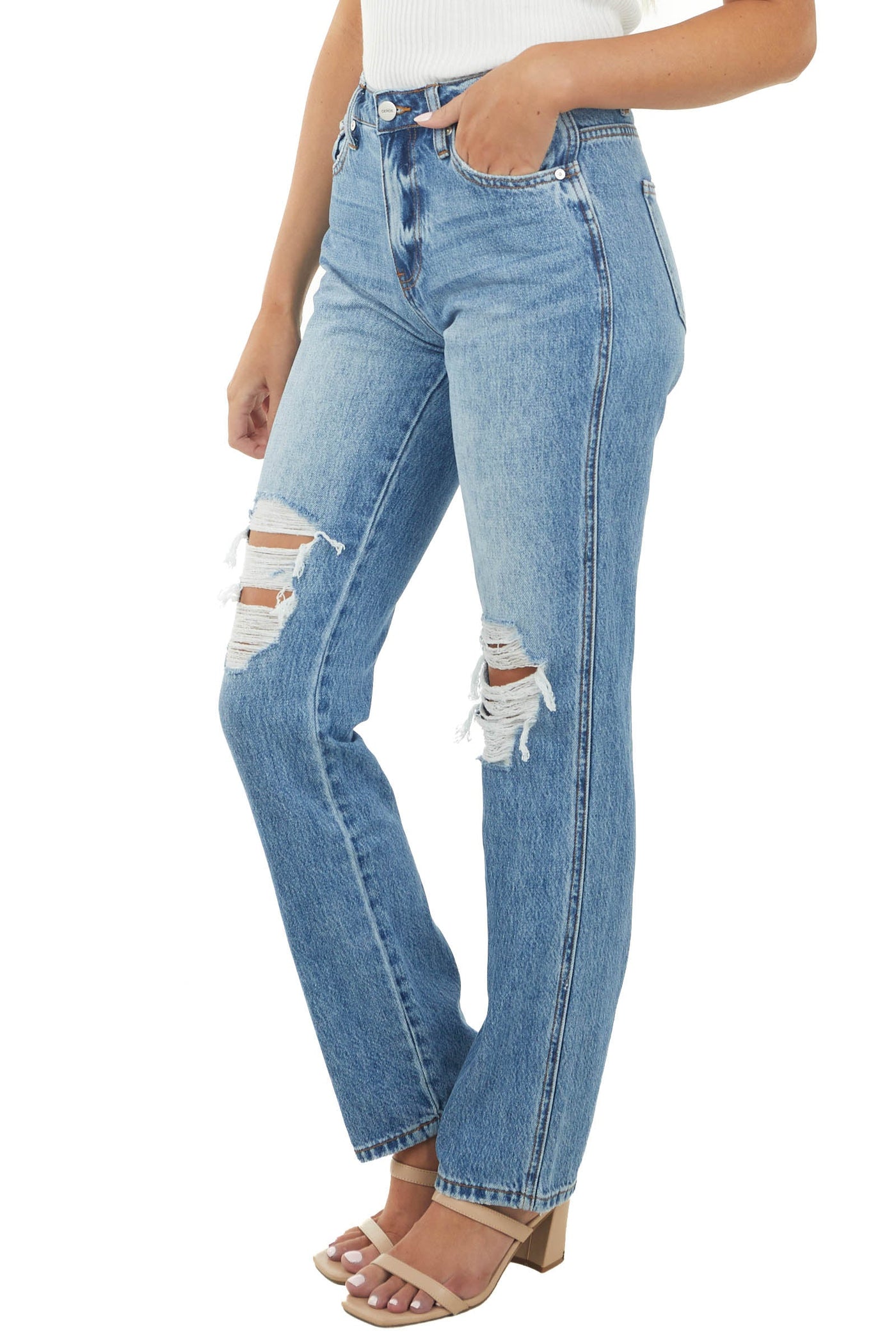 Medium Wash High Rise Distressed Straight Jeans