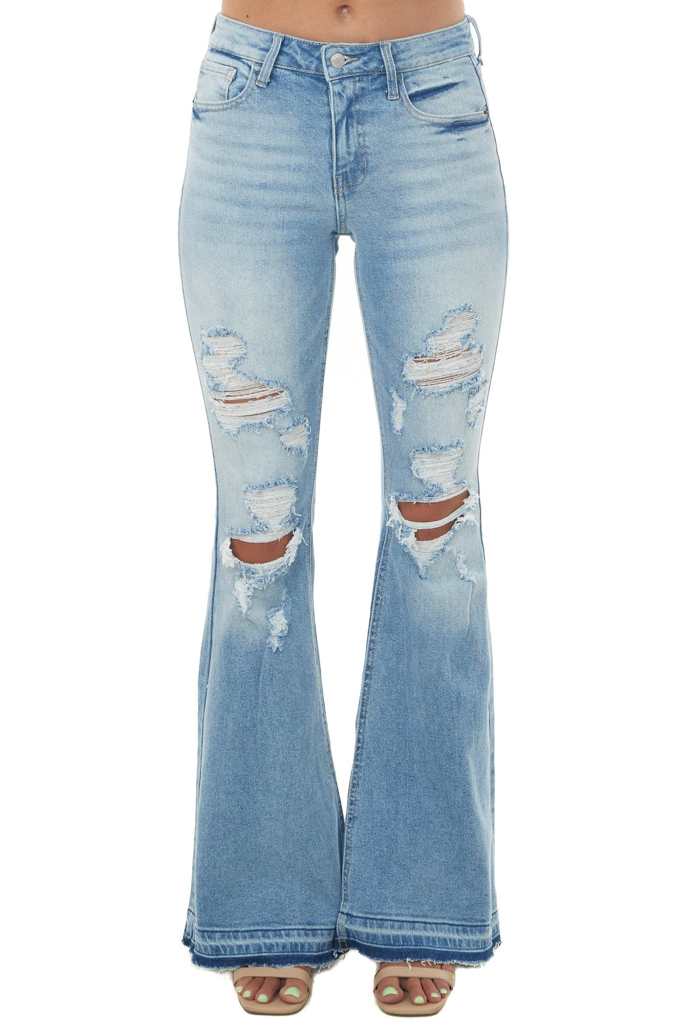Medium Wash High Rise Flare Distressed Jeans