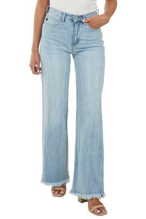 Medium Wash High Rise Flare Jeans with Fringe Hem
